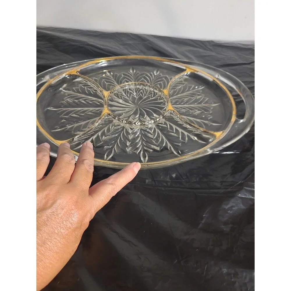 Unmarked Pressed Glass Oval Serving Tray w/ Handles, Clear Gold Trim Floral
